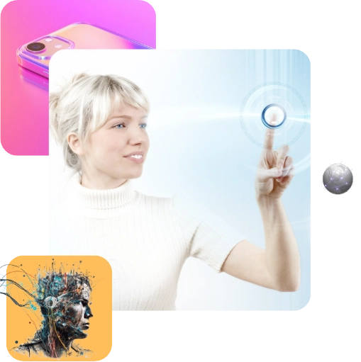 Mujer interactuando con interfaz digital futurista representando la transformación digital y el desarrollo web profesional de SenshiCode