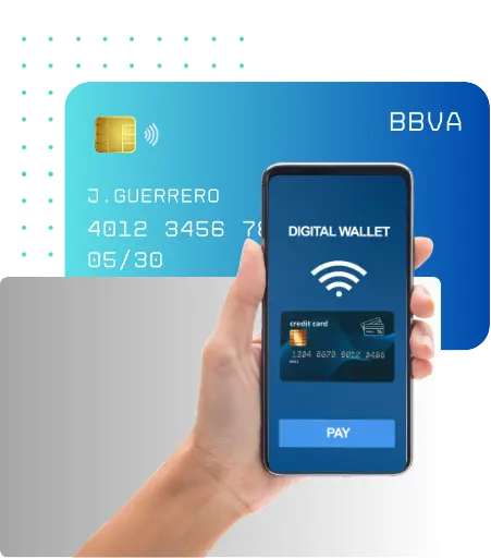 Mano sosteniendo un smartphone con billetera digital y tarjeta bancaria, simbolizando pagos online seguros y automatizados con tecnología moderna de SenshiCode.