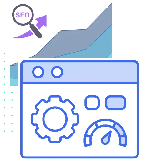 Ilustración con gráfico ascendente y panel de rendimiento que representa el crecimiento del tráfico y la velocidad web logrados con un desarrollo web profesional optimizado para SEO.