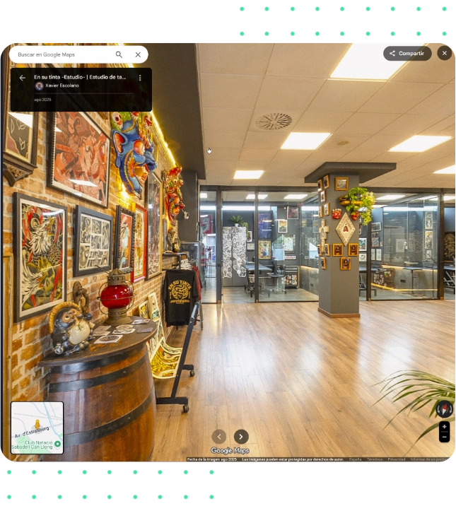 Tour virtual 360 de estudio de tatuajes en Sabadell mostrando ambiente, limpieza y decoración para atraer clientes antes de su visita.