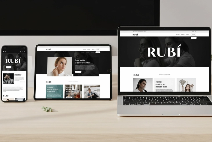 Mockup de diseño web en Rubí mostrado en móvil, tablet y portátil, representando una web profesional y responsive para negocios locales