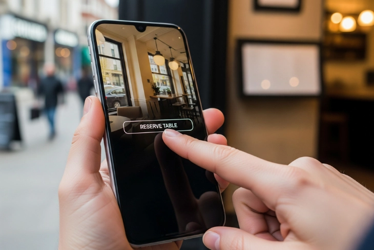Manos usando un móvil para reservar mesa online en un negocio local de Rubí