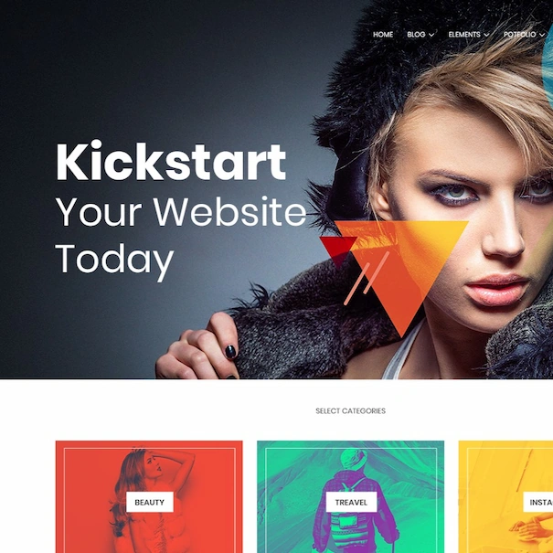 Diseño web para blog creativo con categorías visuales y estilo moderno.
