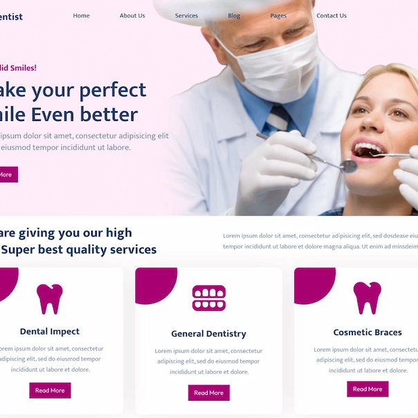 Página web profesional para clínica dental con servicios, equipo y llamada a la acción.