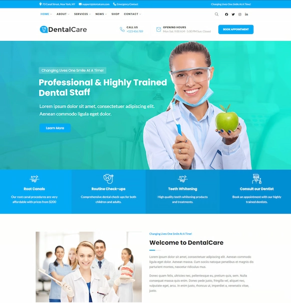 Diseño de sitio web estético para dentistas con servicios destacados.