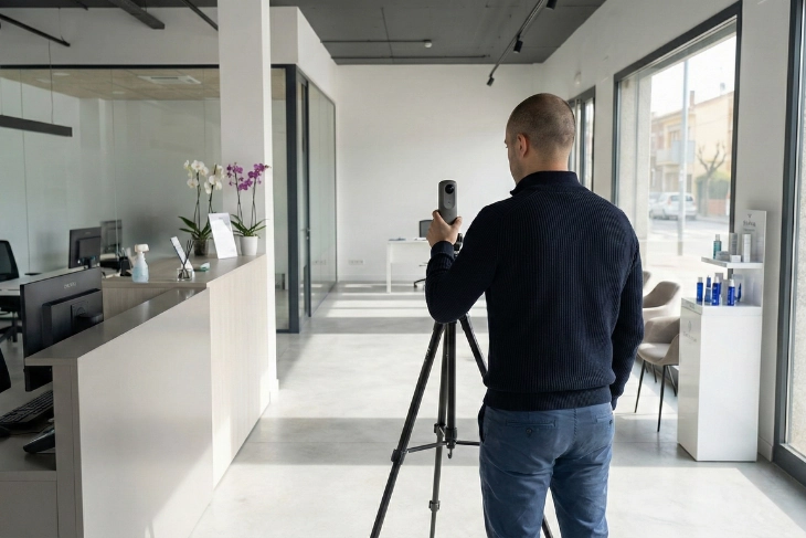 Fotógrafo profesional preparando una cámara 360 para capturar un tour virtual en un negocio local de Rubí