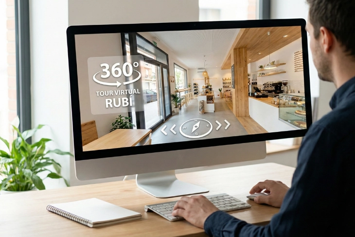 Cliente explorando un tour virtual 360 de un negocio local en Rubí desde su ordenador