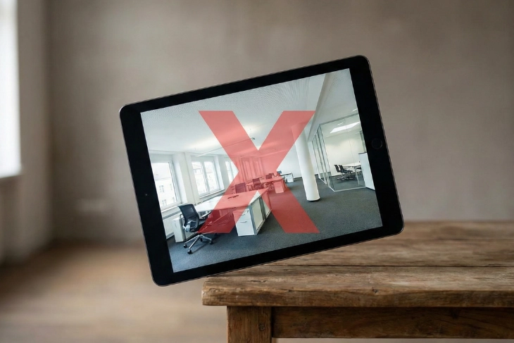 Tablet mostrando un tour virtual 360 con una X roja, ejemplo de tour sin objetivo ni integración que no convierte.