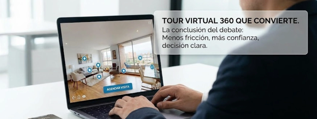 Texto “Tour virtual 360 que convierte” con la conclusión: menos fricción, más confianza y decisión clara.